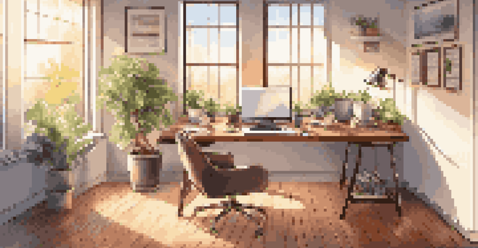 A bright and modern workspace with a laptop displaying social media analytics, a plant, and a coffee cup on a wooden desk.