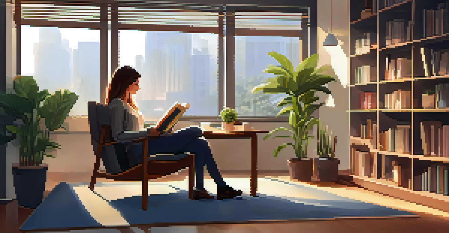 A young woman enjoying a tea break in a cozy office lounge, surrounded by plants and books, promoting a healthy work-life balance.