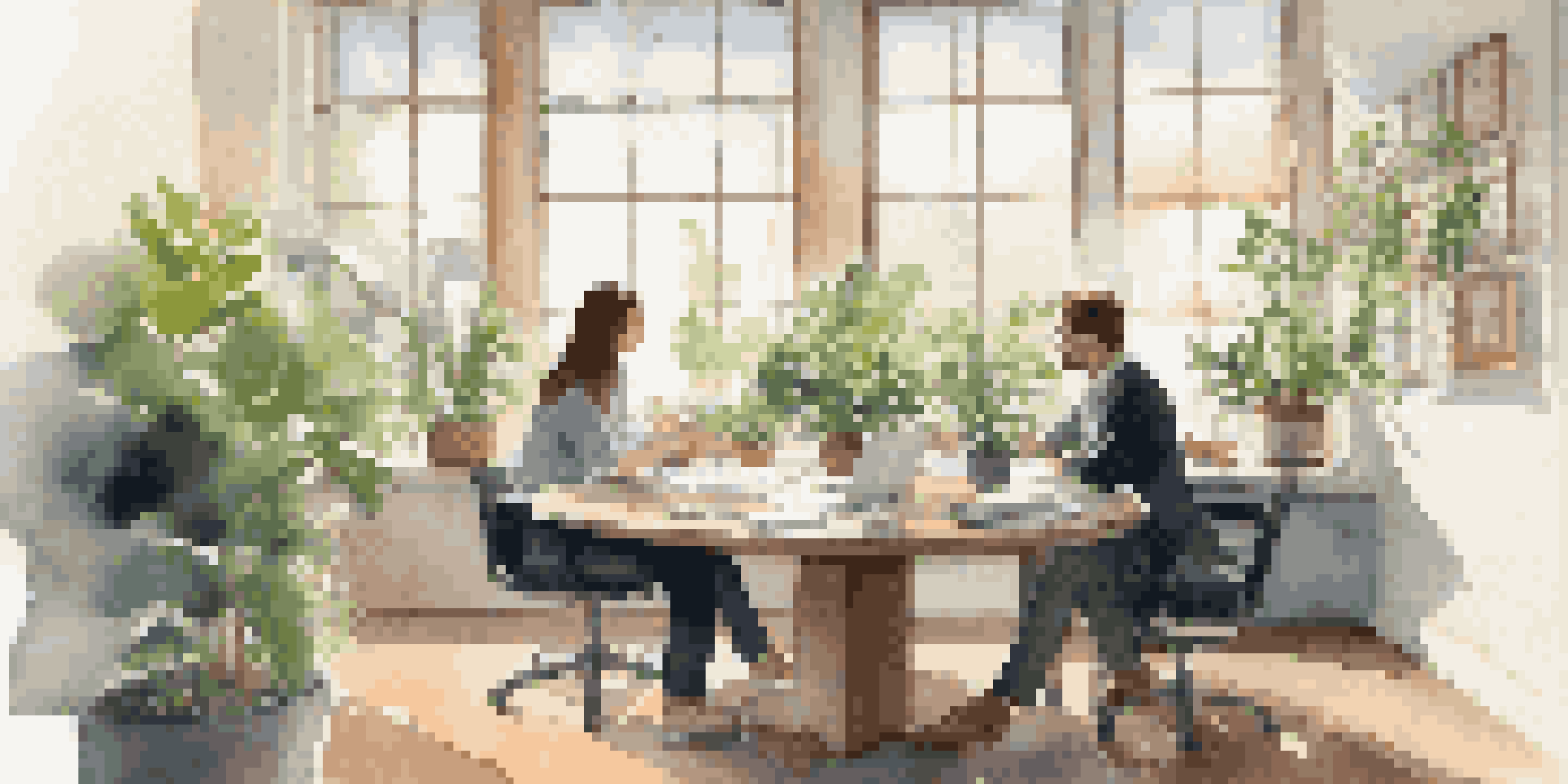 Two coworkers having a constructive discussion in a bright, serene office space with natural light.
