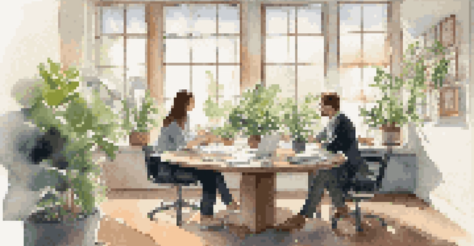 Two coworkers having a constructive discussion in a bright, serene office space with natural light.