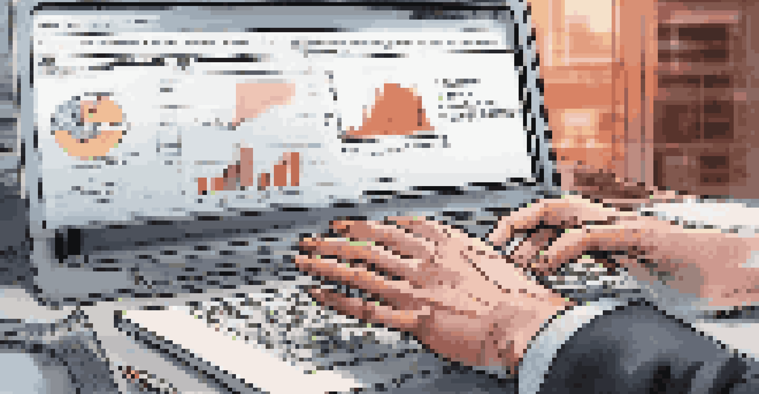 Close-up of hands typing on a laptop, showing financial projections on the screen in a modern office.