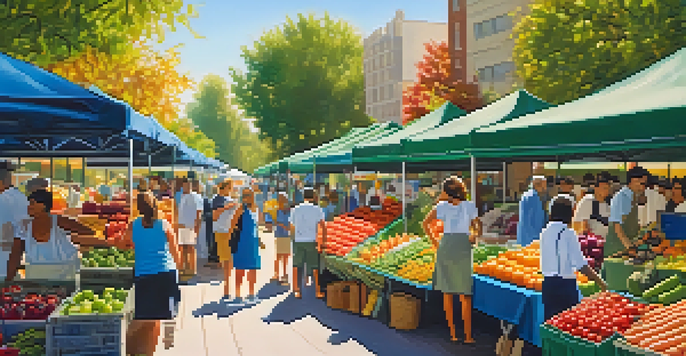 A bustling outdoor market filled with colorful fruits and vegetables, people engaging with vendors under a bright blue sky.