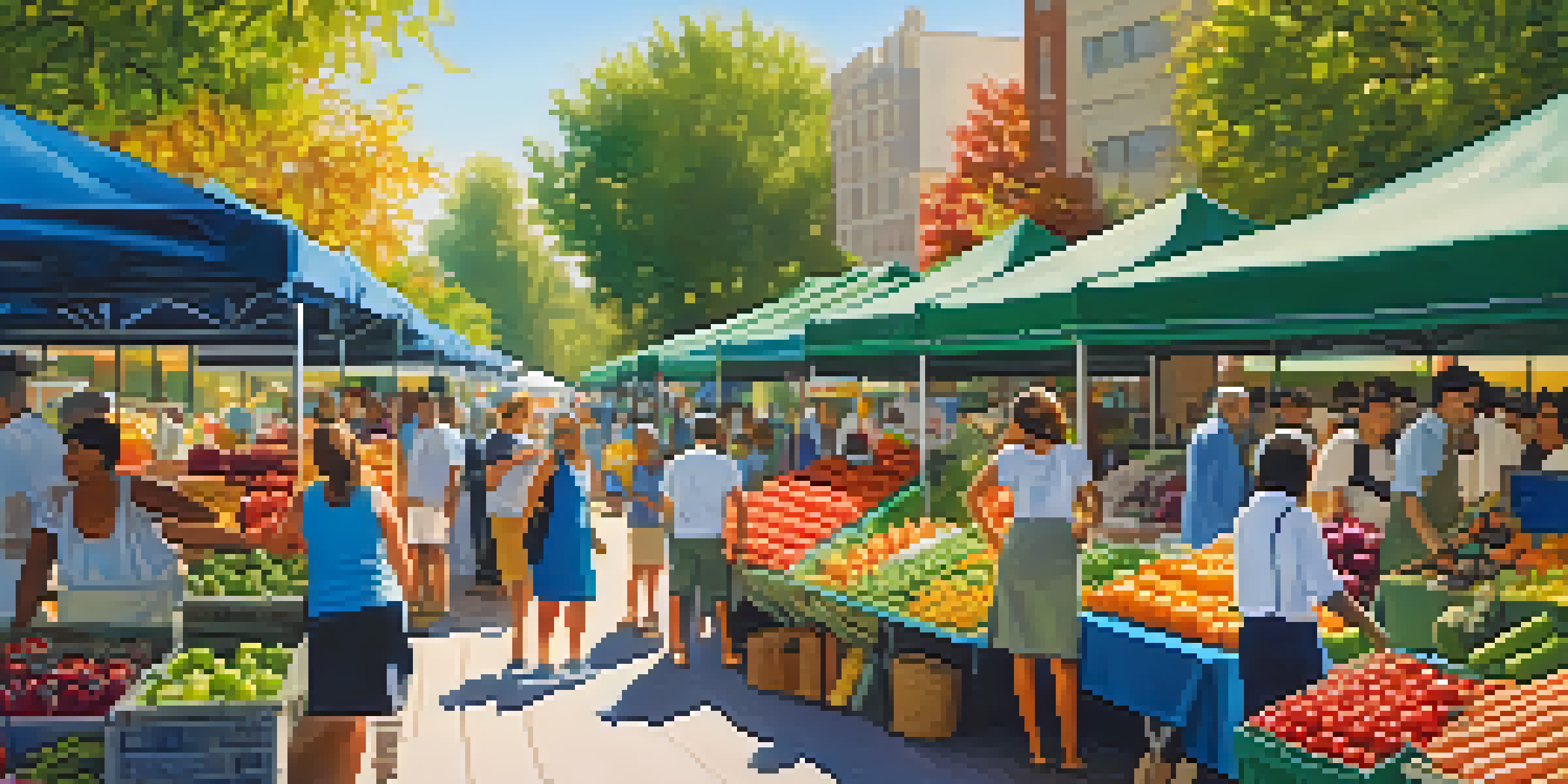 A bustling outdoor market filled with colorful fruits and vegetables, people engaging with vendors under a bright blue sky.