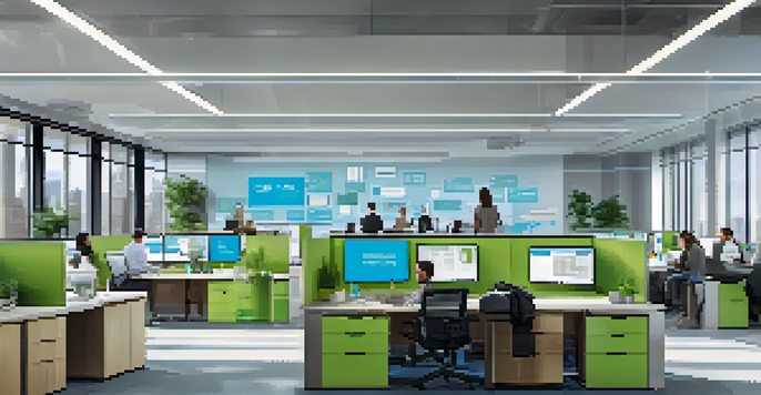 An inclusive modern office with diverse employees working together, illuminated by natural light from large windows.