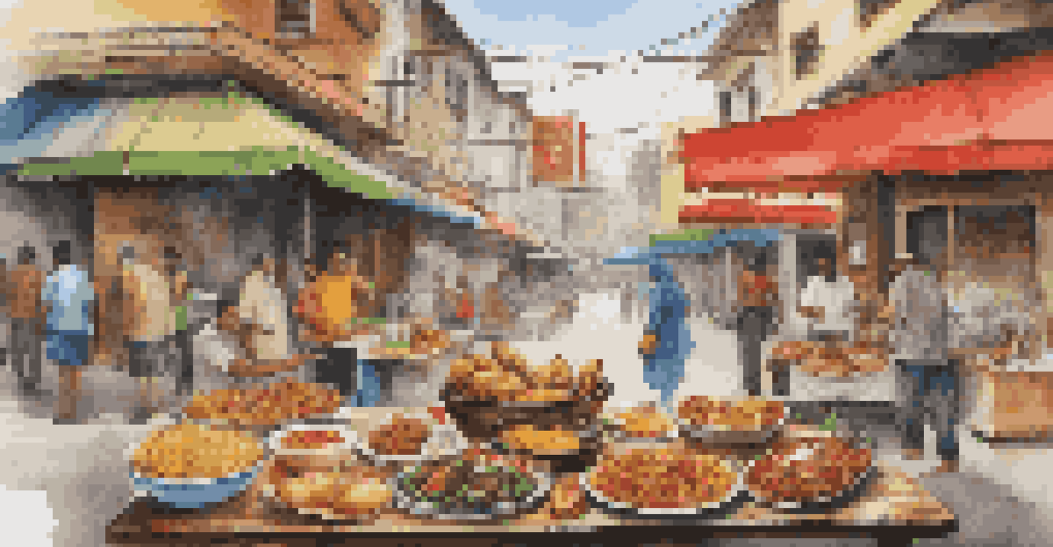 A table showcasing a fusion of traditional local dishes and international fast food, surrounded by vibrant street art representing cultural exchange.