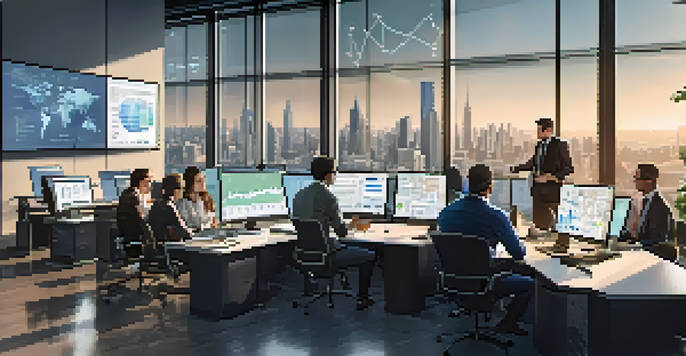 A diverse team of professionals in a modern office working together, analyzing data on a large screen with city views in the background.