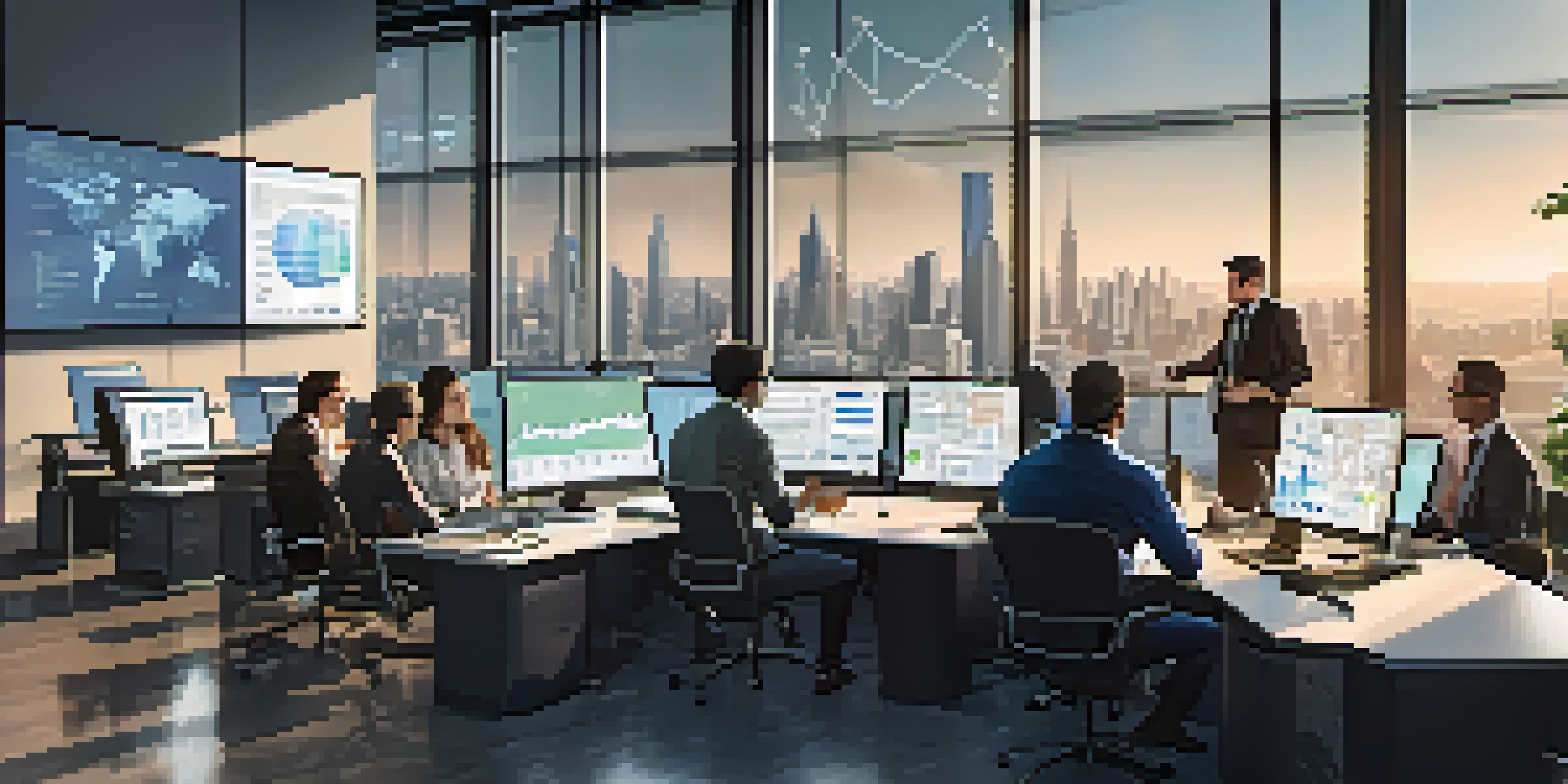 A diverse team of professionals in a modern office working together, analyzing data on a large screen with city views in the background.