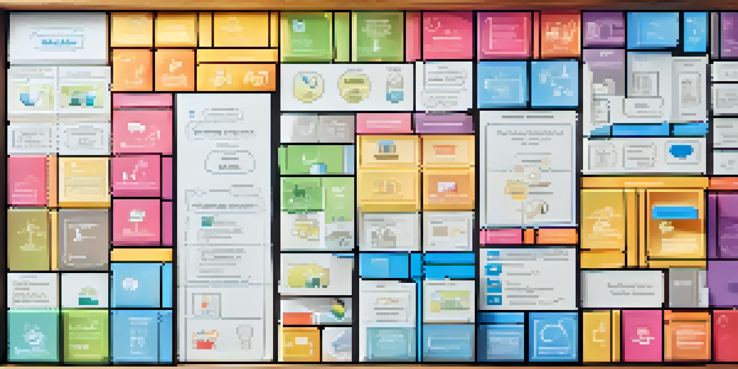 An illustration of the Business Model Canvas on a wooden table, featuring nine colorful blocks with icons and text labels, illuminated by soft ambient light.