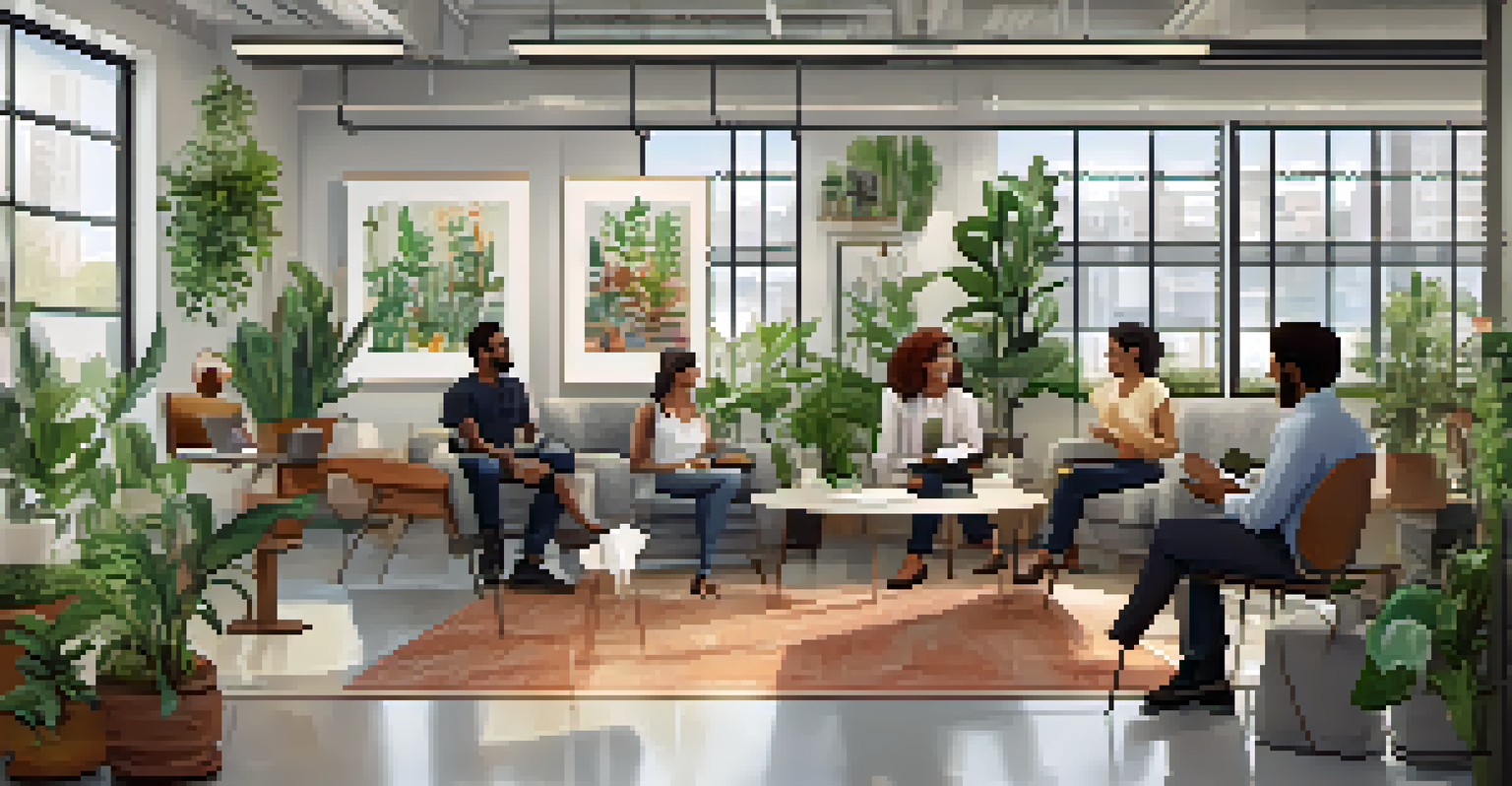 An inviting office space where a diverse team is brainstorming together, surrounded by plants and cultural artwork.