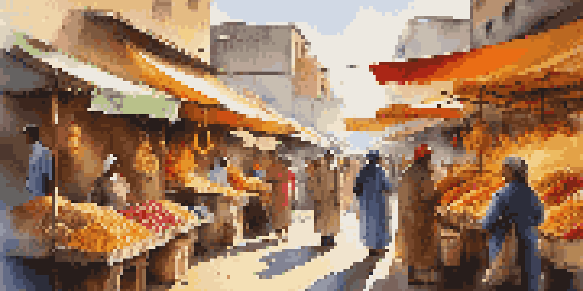 A lively international market with colorful stalls and diverse vendors, filled with fruits and textiles, under warm sunlight.