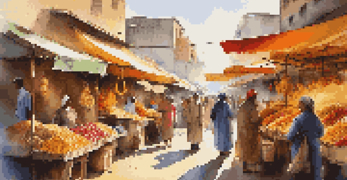 A lively international market with colorful stalls and diverse vendors, filled with fruits and textiles, under warm sunlight.