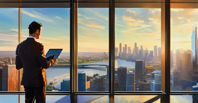 A business professional with a tablet displaying a Business Model Canvas, standing in front of a city skyline.