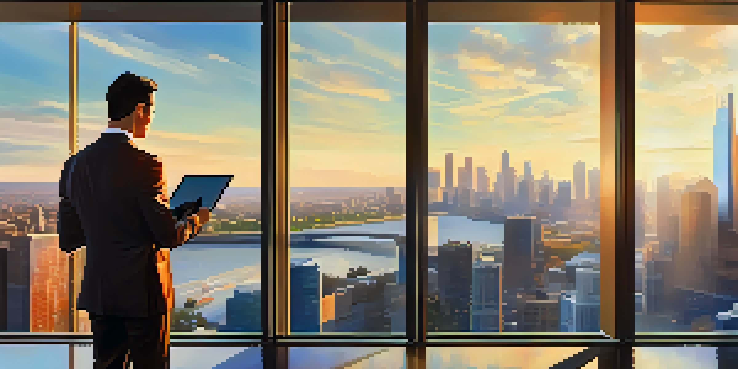 A business professional with a tablet displaying a Business Model Canvas, standing in front of a city skyline.