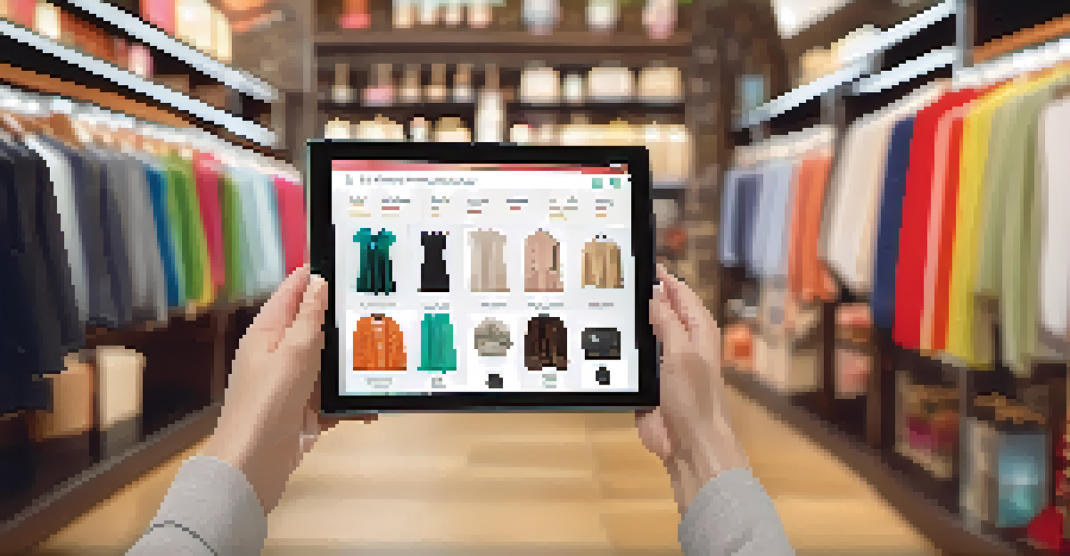 A close-up of a digital tablet with personalized product recommendations displayed on the screen, set against a blurred retail background.