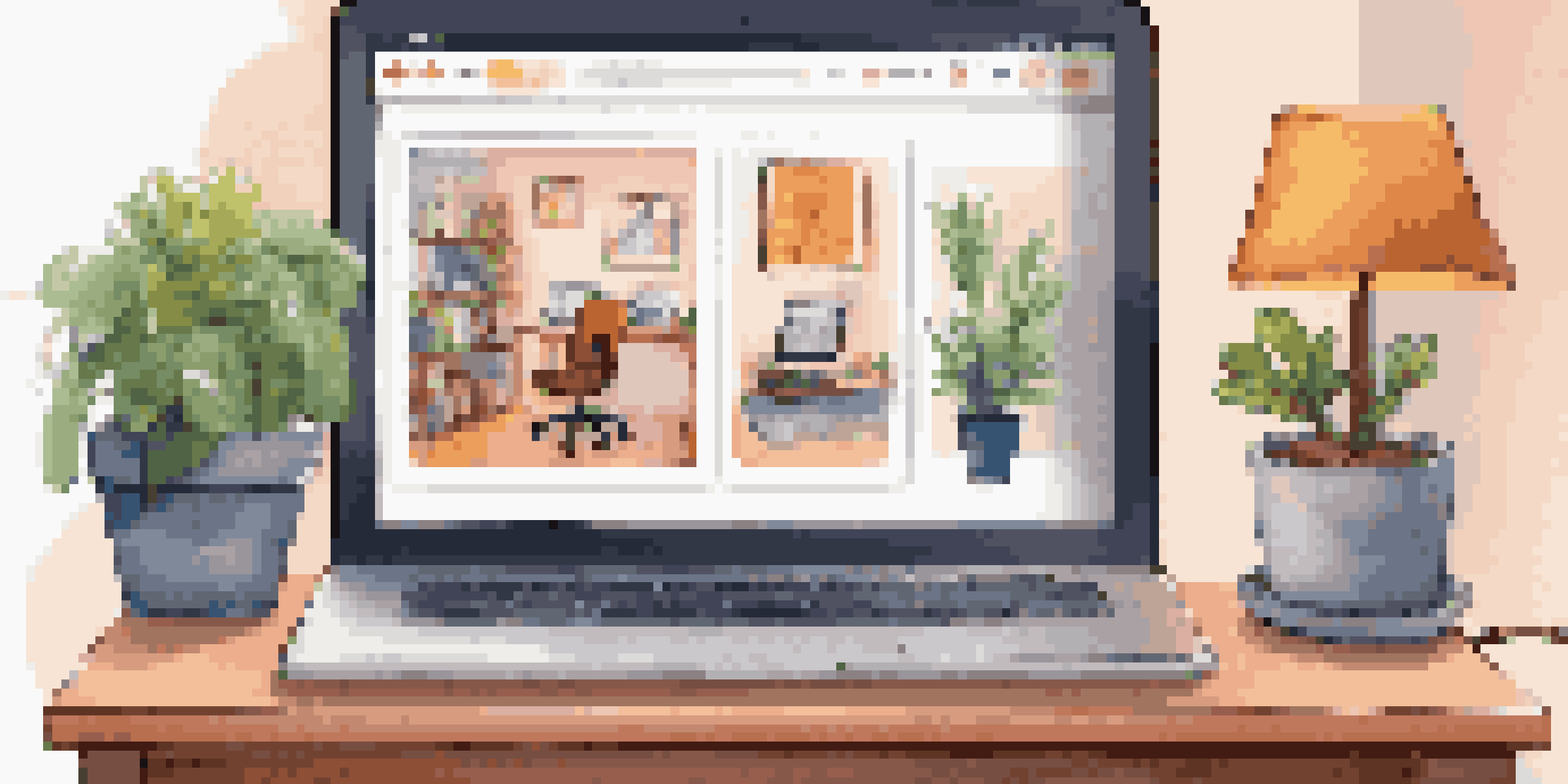 A cozy home office with a laptop displaying a friendly chatbot interface. The scene includes a desk lamp, a potted plant, and a coffee mug.
