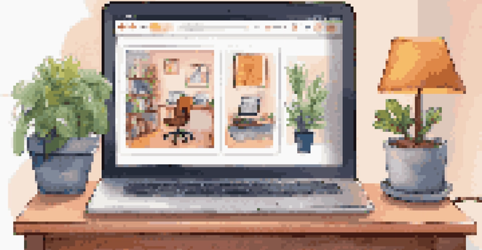 A cozy home office with a laptop displaying a friendly chatbot interface. The scene includes a desk lamp, a potted plant, and a coffee mug.