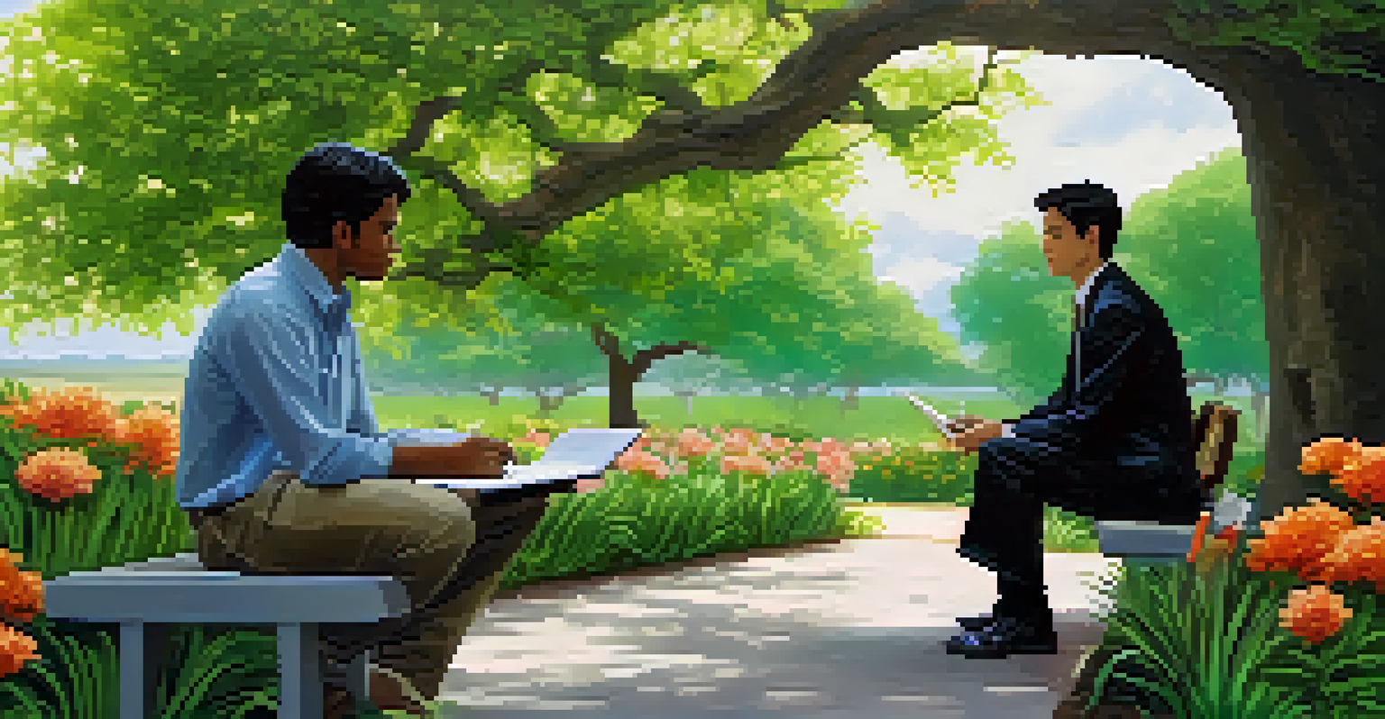 A leader mentoring an employee in a peaceful outdoor setting under a tree, surrounded by flowers.