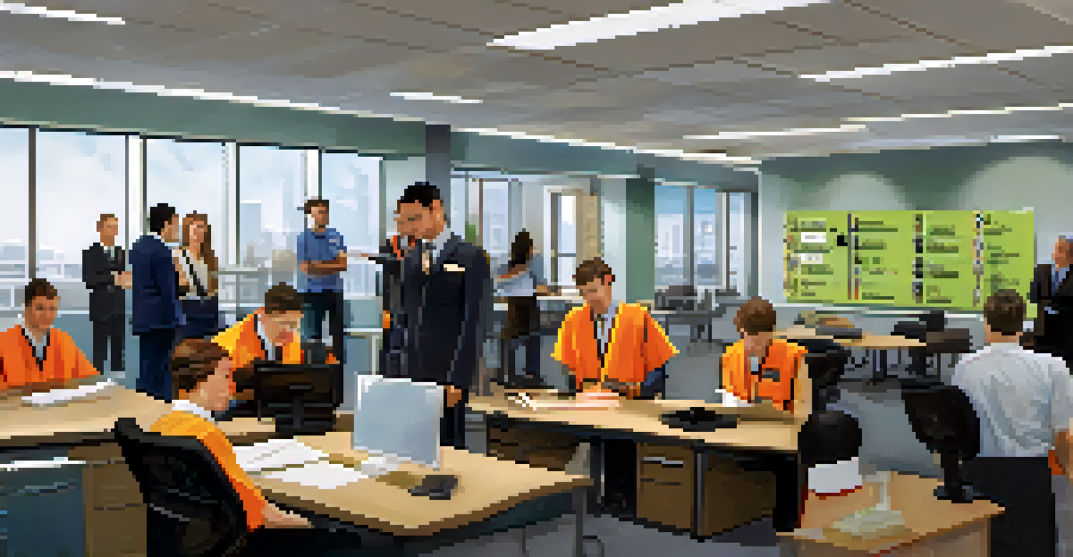 An office safety drill in progress, with employees practicing evacuation procedures and clear safety signage visible.