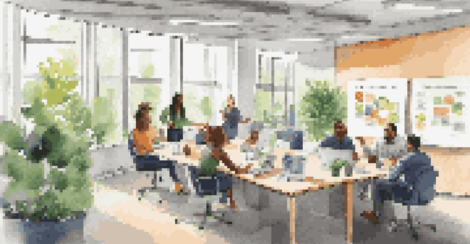 A diverse group of employees in a bright office discussing customer feedback, surrounded by inspiring quotes and notes.