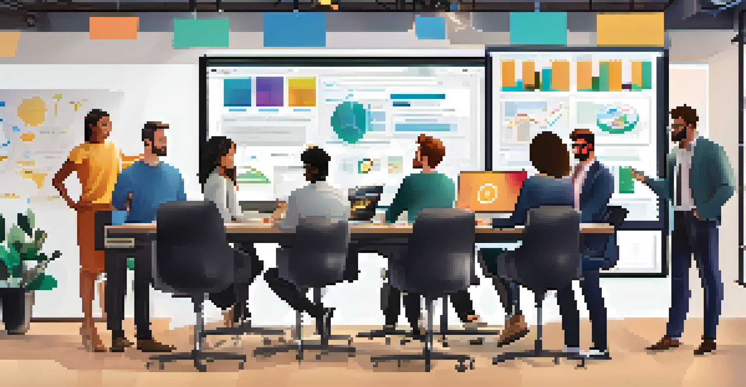 A diverse digital marketing team collaborating around a conference table with laptops and a screen showing an SEO campaign.