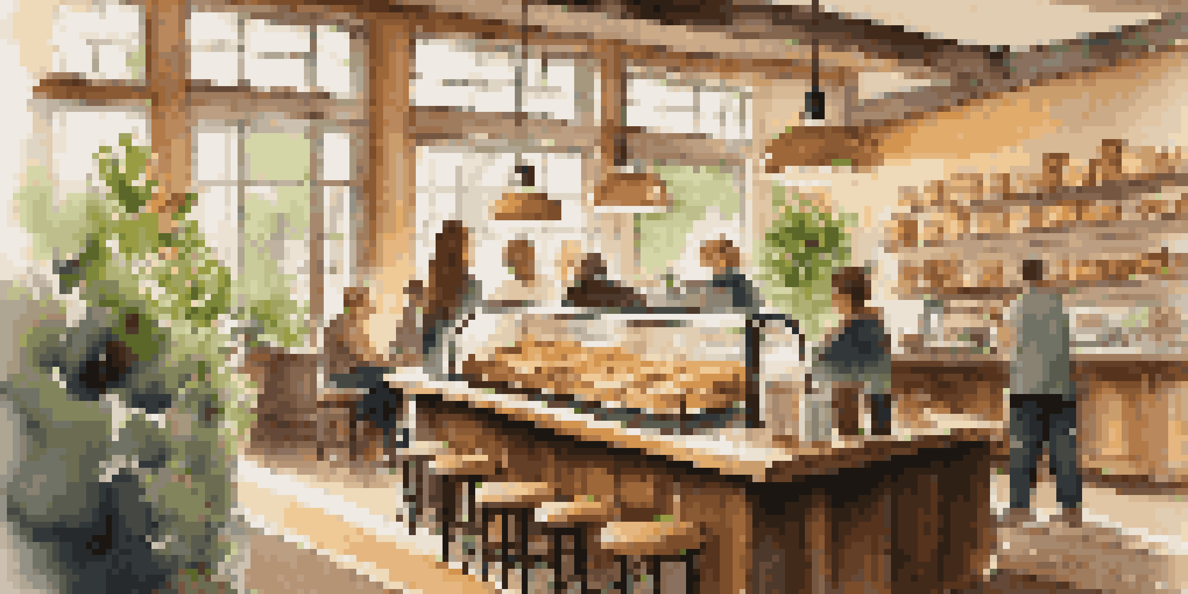 A warm and inviting coffee shop with wooden furniture, freshly baked pastries, and customers enjoying their drinks in a cozy setting.