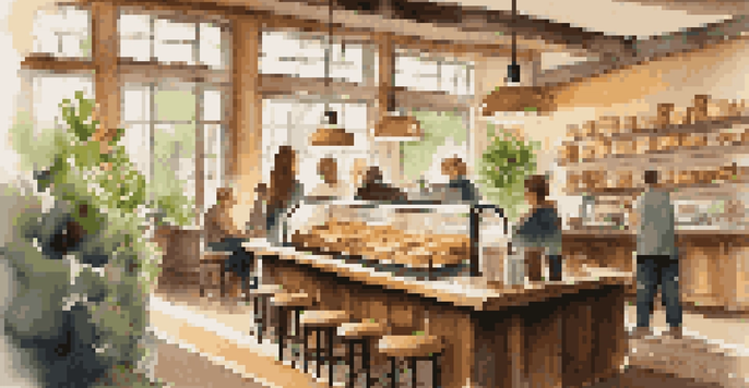 A warm and inviting coffee shop with wooden furniture, freshly baked pastries, and customers enjoying their drinks in a cozy setting.