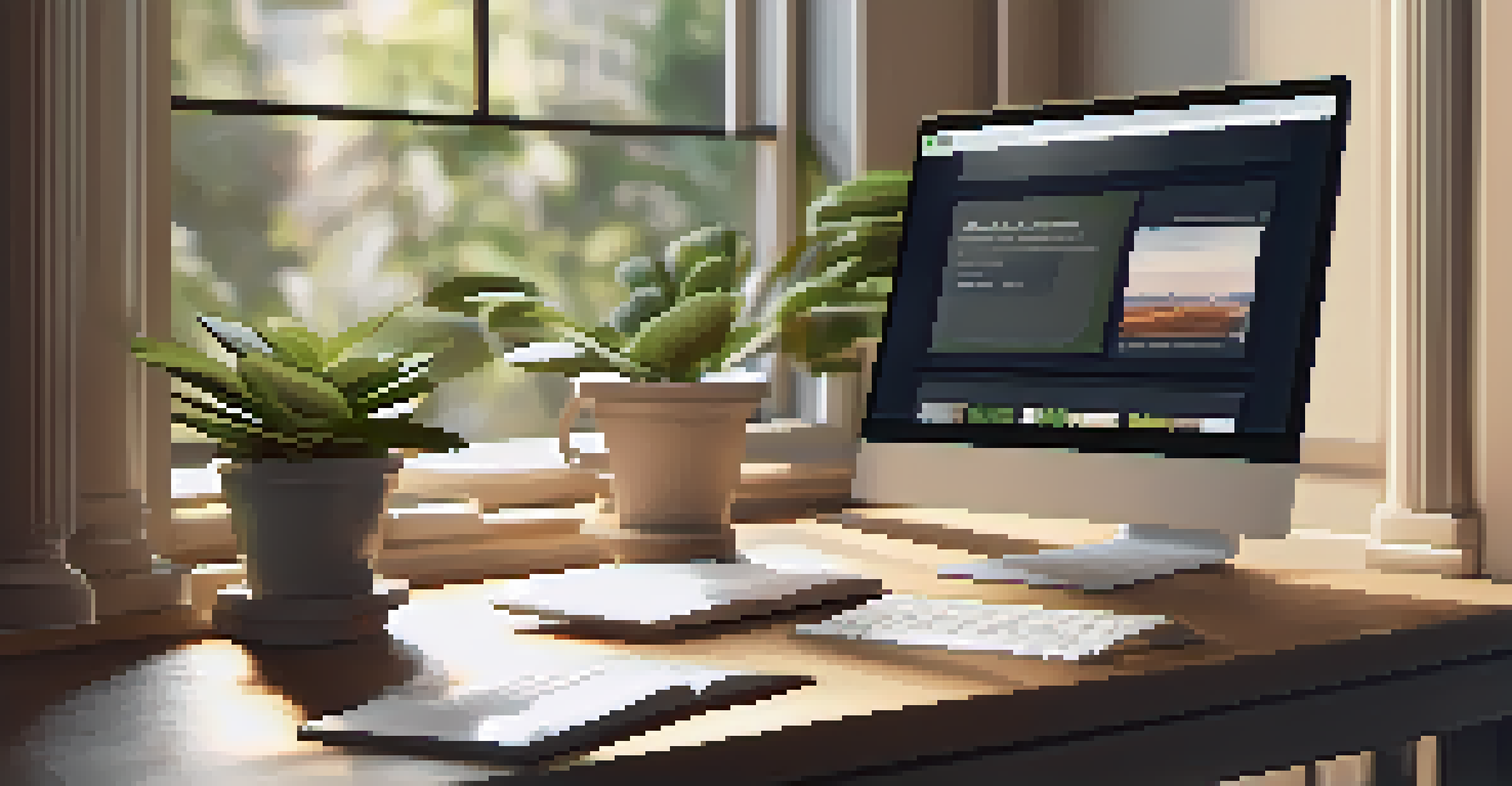 A cozy workspace with a laptop displaying a personalized shopping website, a plant, and a coffee cup on the desk.