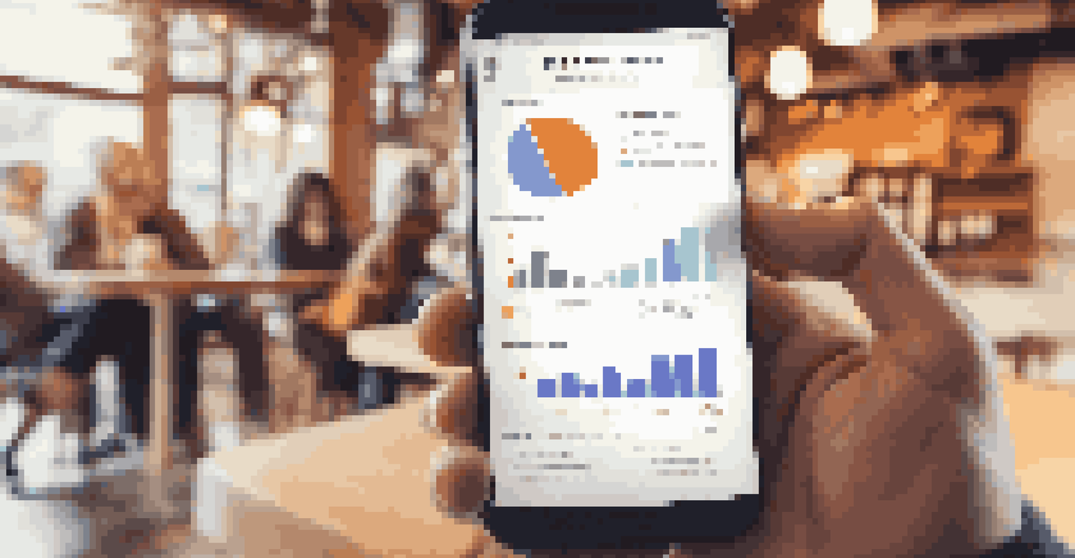 A hand holding a smartphone with a CRM app interface in a cozy coffee shop.