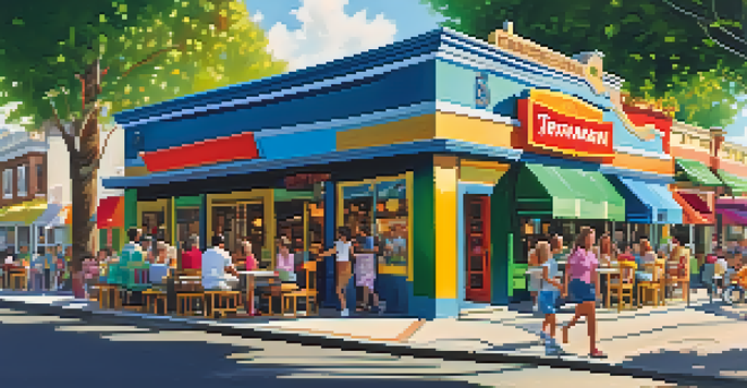 A busy street with a colorful family-friendly restaurant, outdoor seating, and families enjoying meals under the sun.