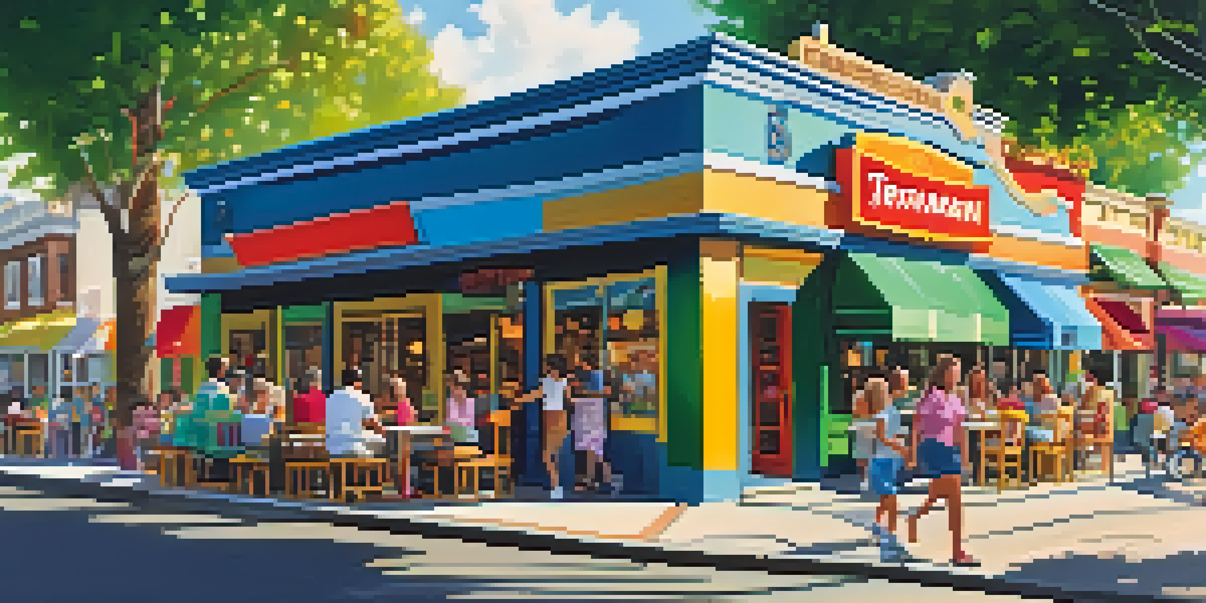 A busy street with a colorful family-friendly restaurant, outdoor seating, and families enjoying meals under the sun.