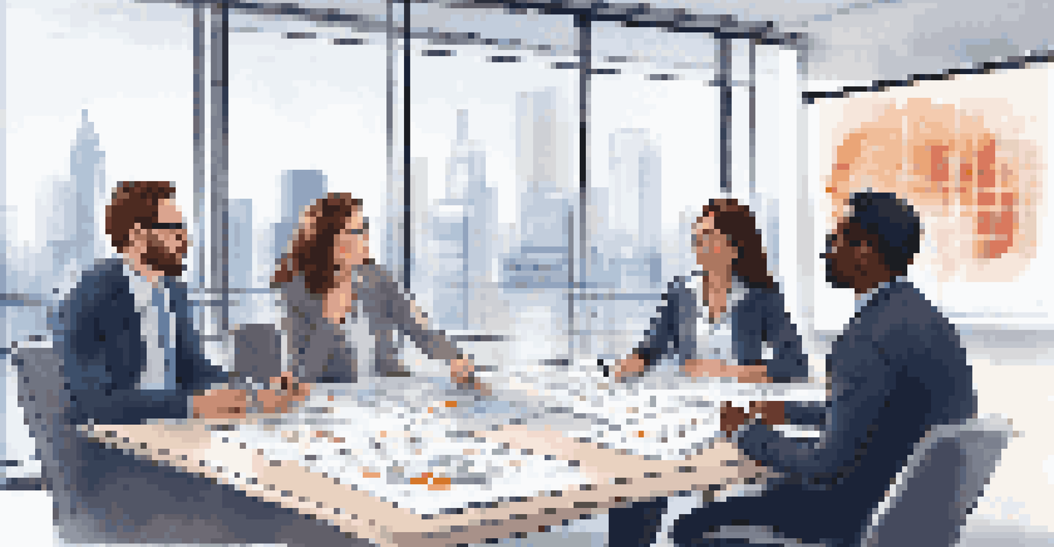 A diverse team in a conference room discussing a risk assessment checklist, with charts on a screen and a view of the city outside.