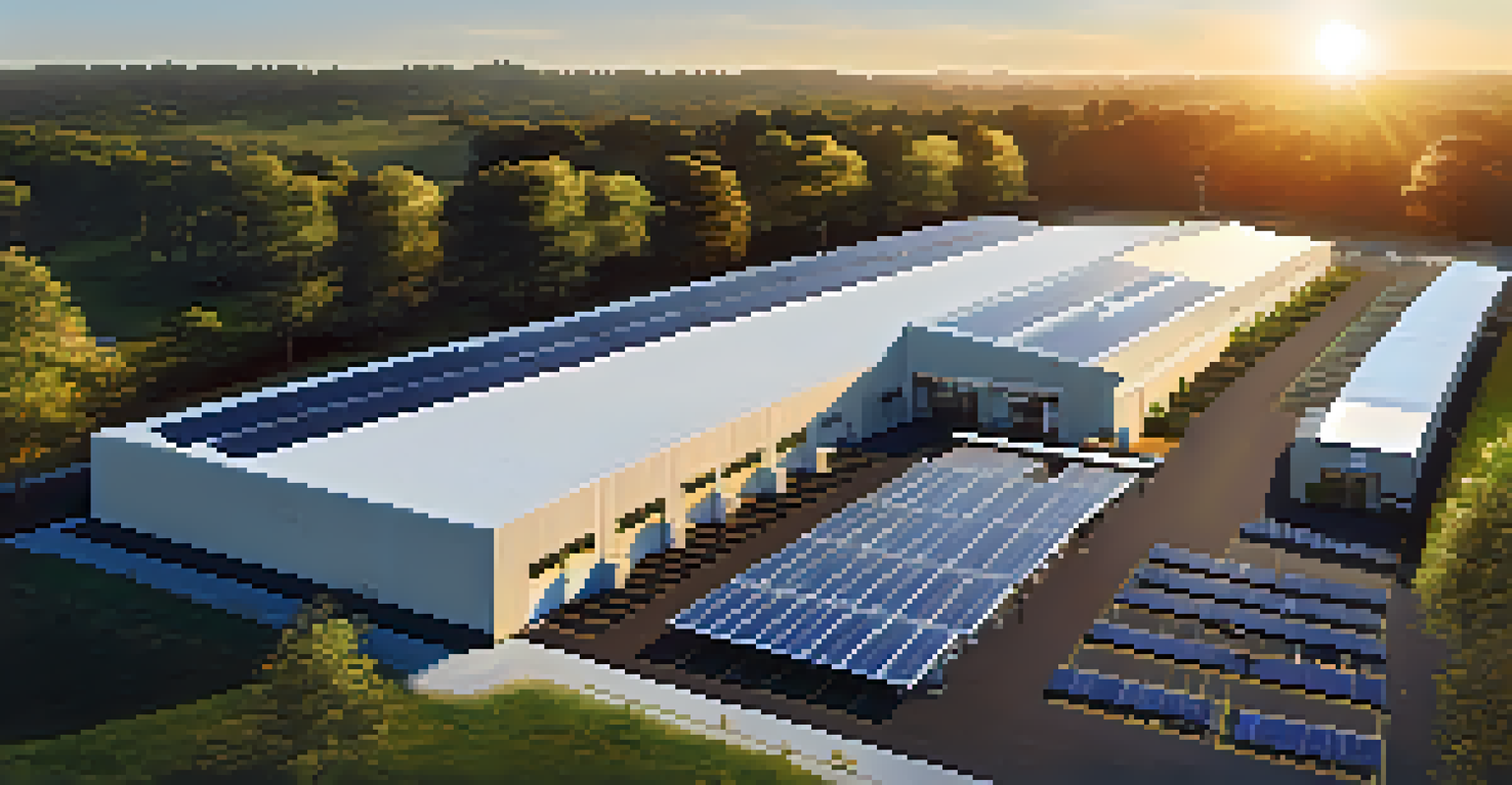 Aerial view of a warehouse with solar panels, electric vehicles, and green spaces during sunset.
