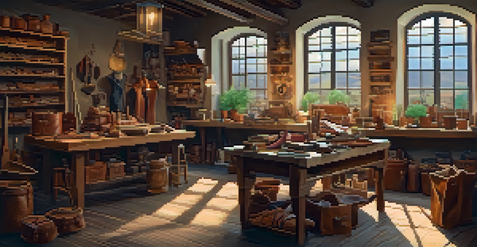 An Italian artisan workshop with a craftsman making leather goods, warm lighting, and rustic decor.