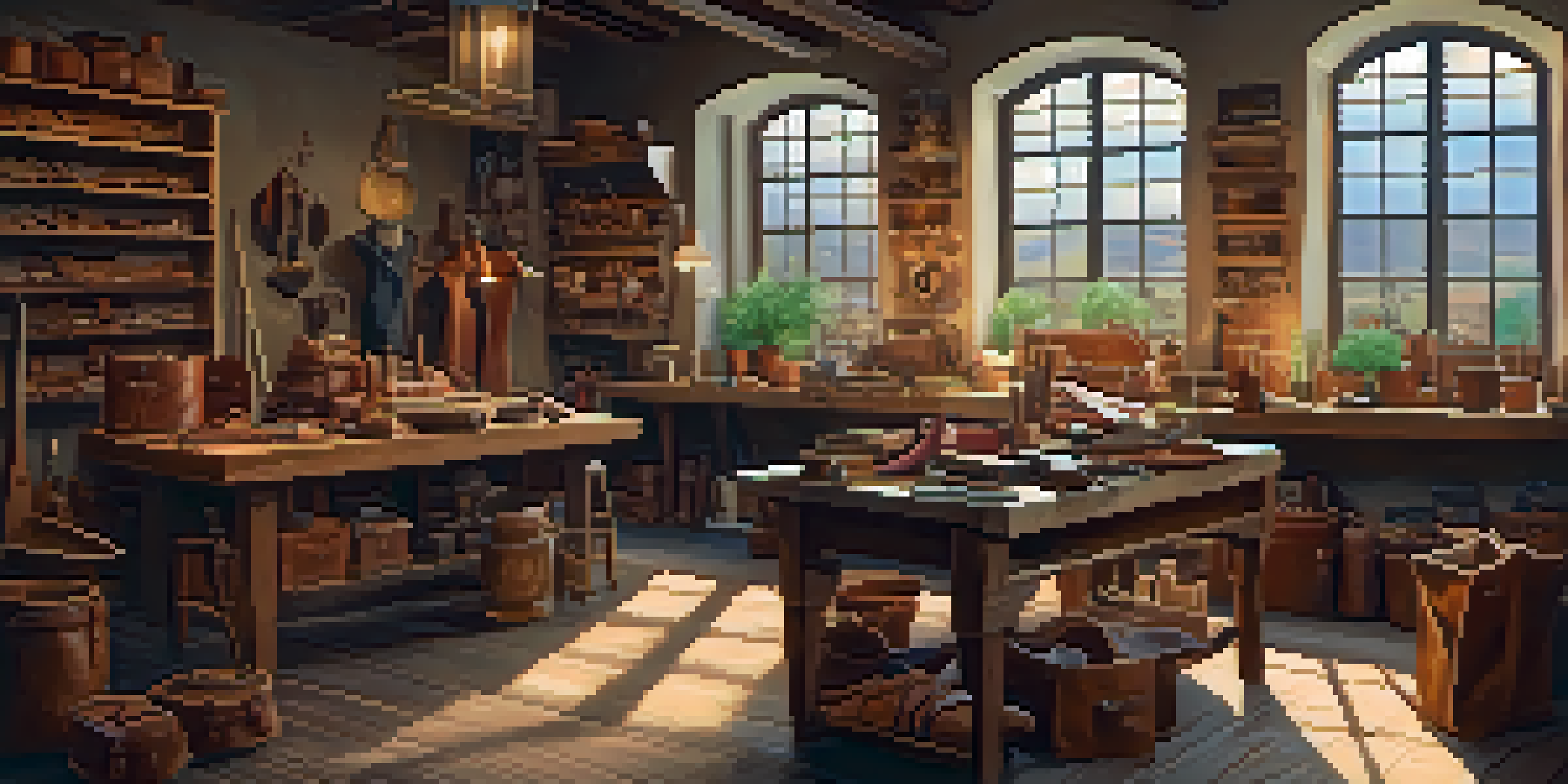 An Italian artisan workshop with a craftsman making leather goods, warm lighting, and rustic decor.