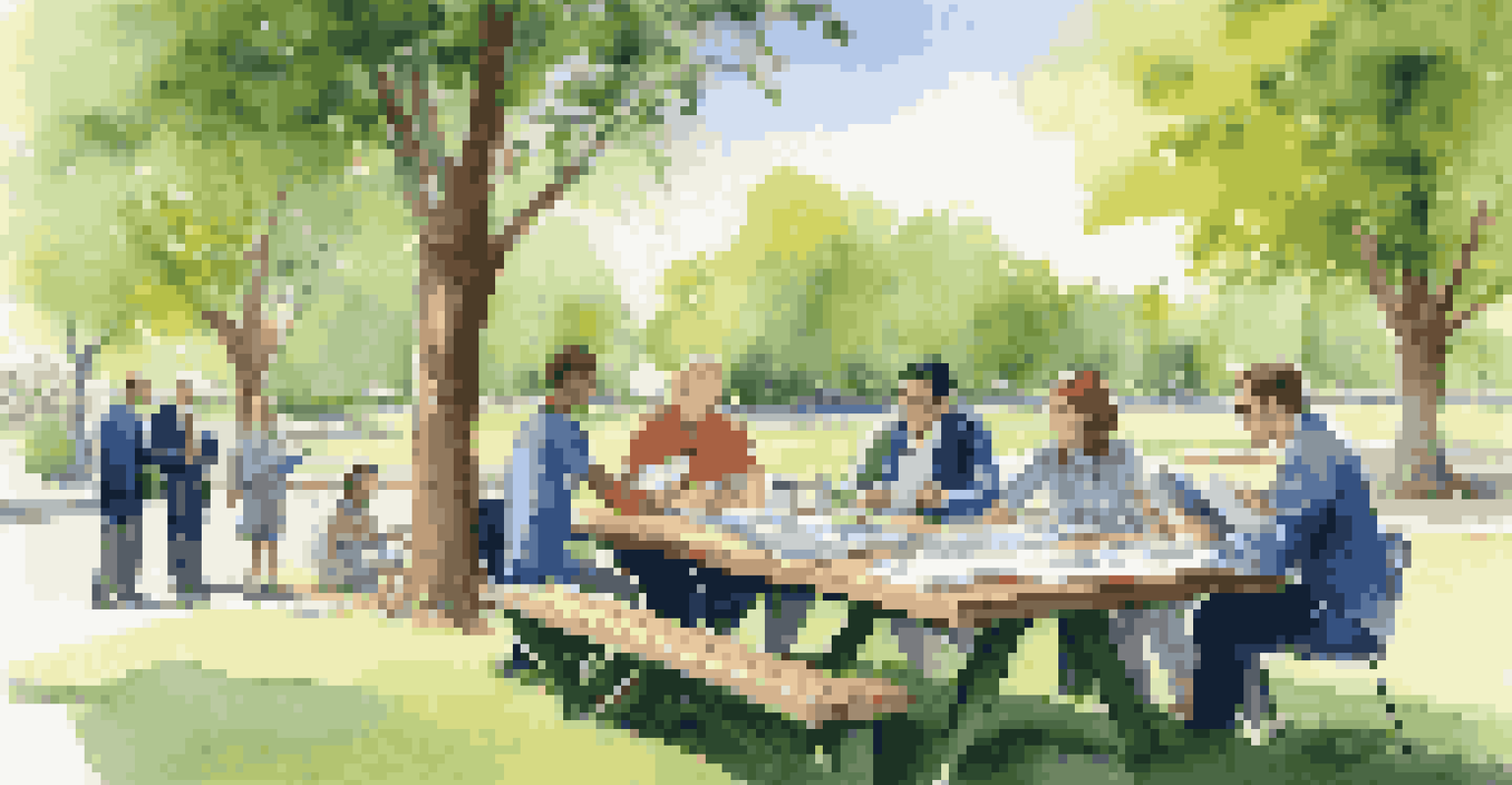 A group of professionals in casual attire meeting outdoors at a picnic table, discussing marketing strategies.