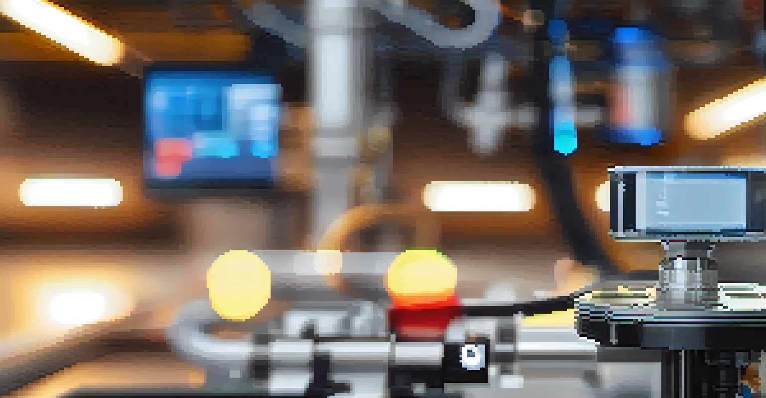 A close-up of a smart sensor device in a manufacturing environment, with machinery blurred in the background, emphasizing technology details.
