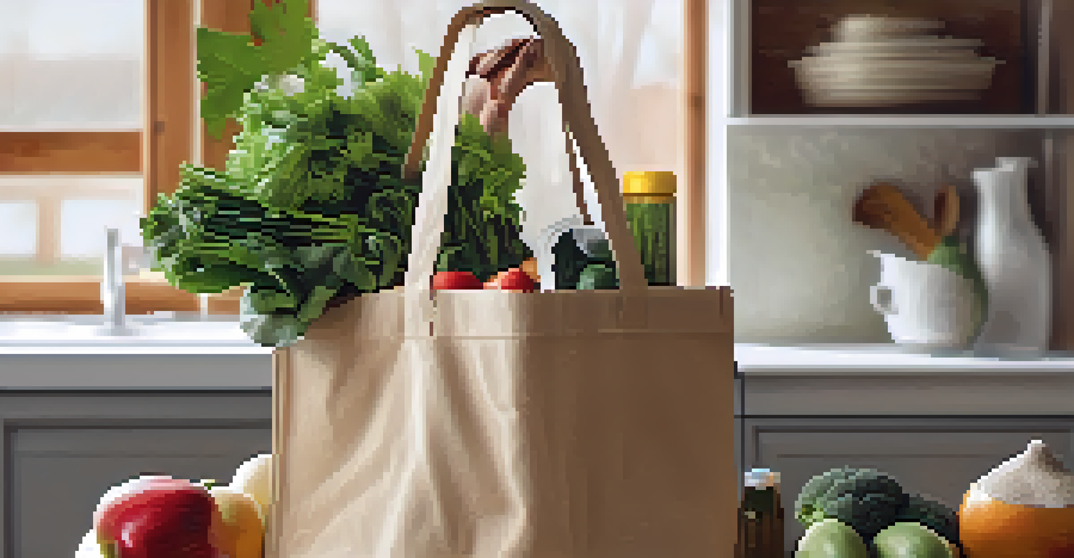 A hand holding a reusable shopping bag filled with organic and eco-friendly products in a bright kitchen.