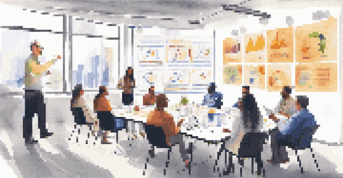 A lively marketing workshop with diverse participants discussing segmentation strategies, colorful charts on the walls, and a facilitator presenting.