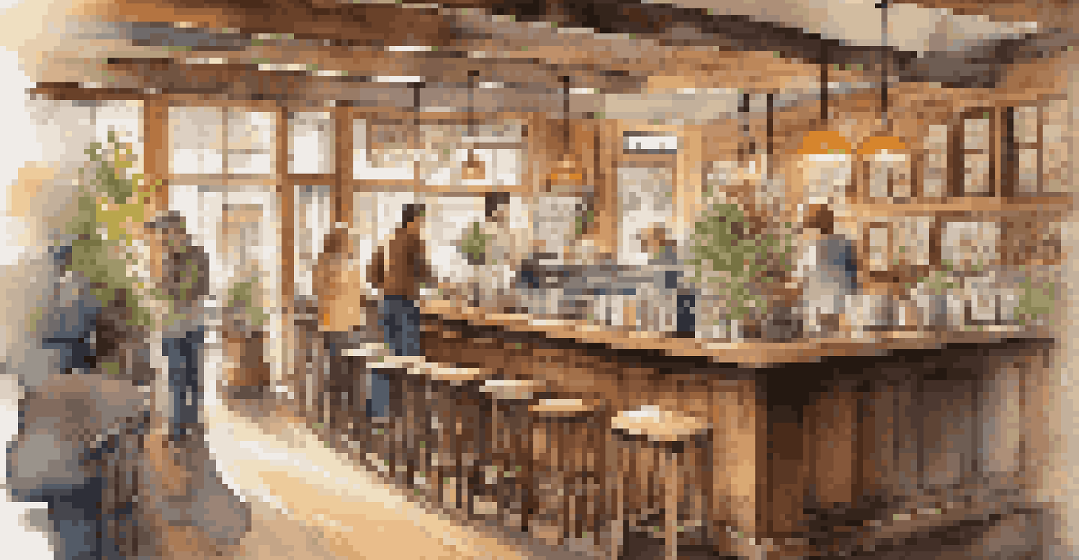 A cozy coffee shop interior with wooden furniture, baristas at work, and customers enjoying their drinks.
