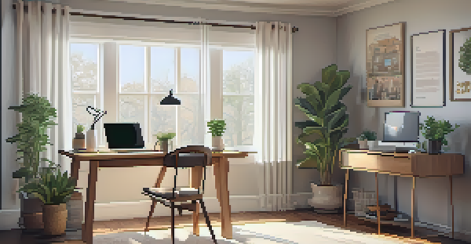 A warm and inviting home office with a laptop, plant, and coffee cup, illuminated by natural light.