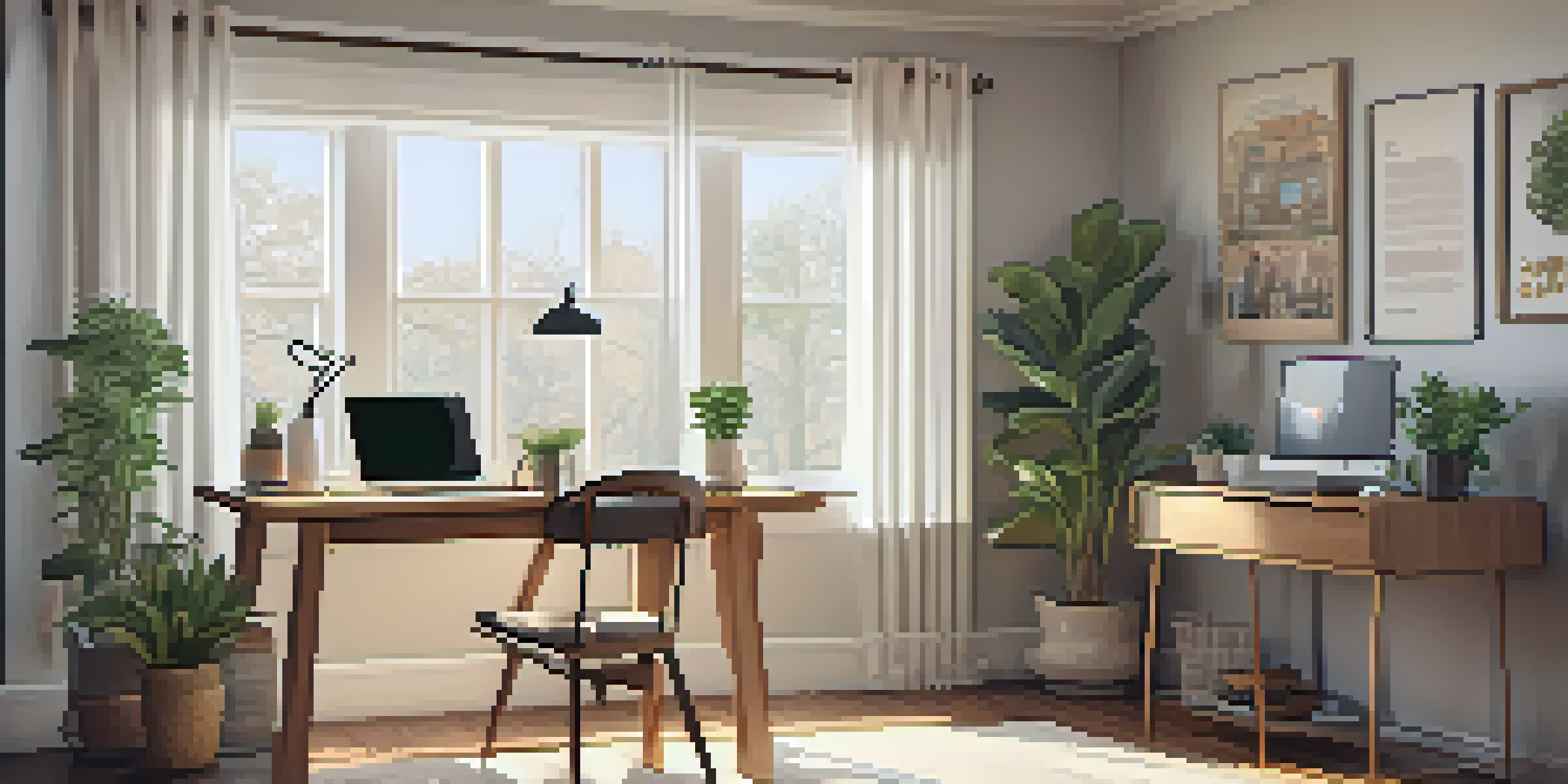 A warm and inviting home office with a laptop, plant, and coffee cup, illuminated by natural light.