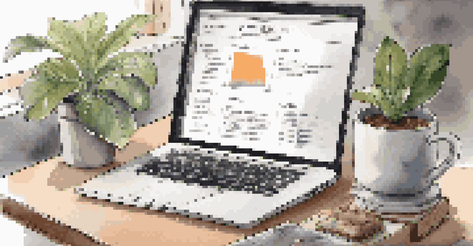 A laptop on a desk showing a digital Business Model Canvas, with a coffee cup and a plant nearby, creating a cozy workspace.
