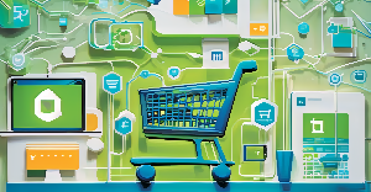 An abstract digital illustration representing e-commerce trends with icons and symbols of online shopping and connectivity.