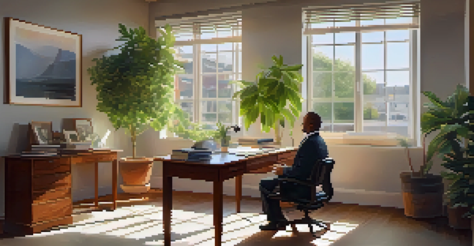 A leader meditating at a desk in a calm office space, surrounded by natural light and greenery.