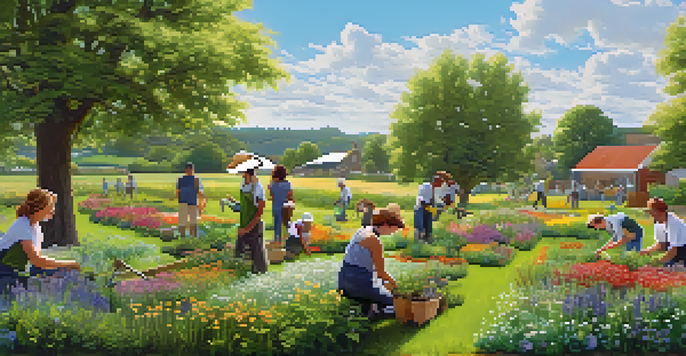 A diverse group of people planting trees and flowers in a green field, emphasizing teamwork and sustainability under a blue sky.