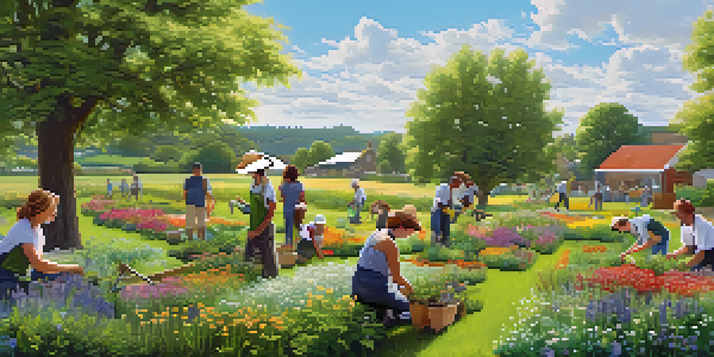 A diverse group of people planting trees and flowers in a green field, emphasizing teamwork and sustainability under a blue sky.