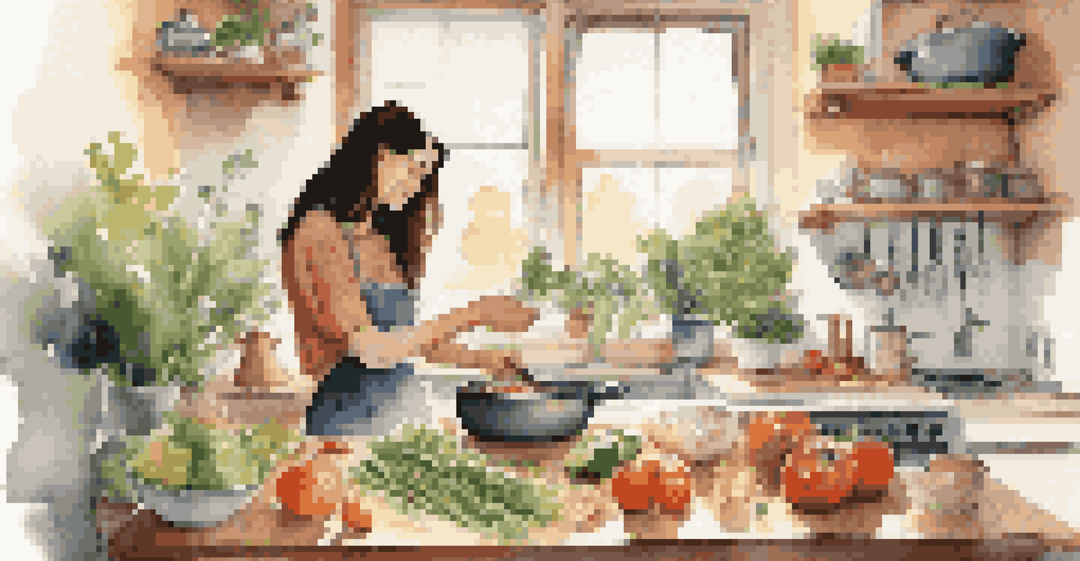 A micro-influencer in a cozy kitchen, preparing a healthy meal and sharing it on social media with fresh vegetables around.