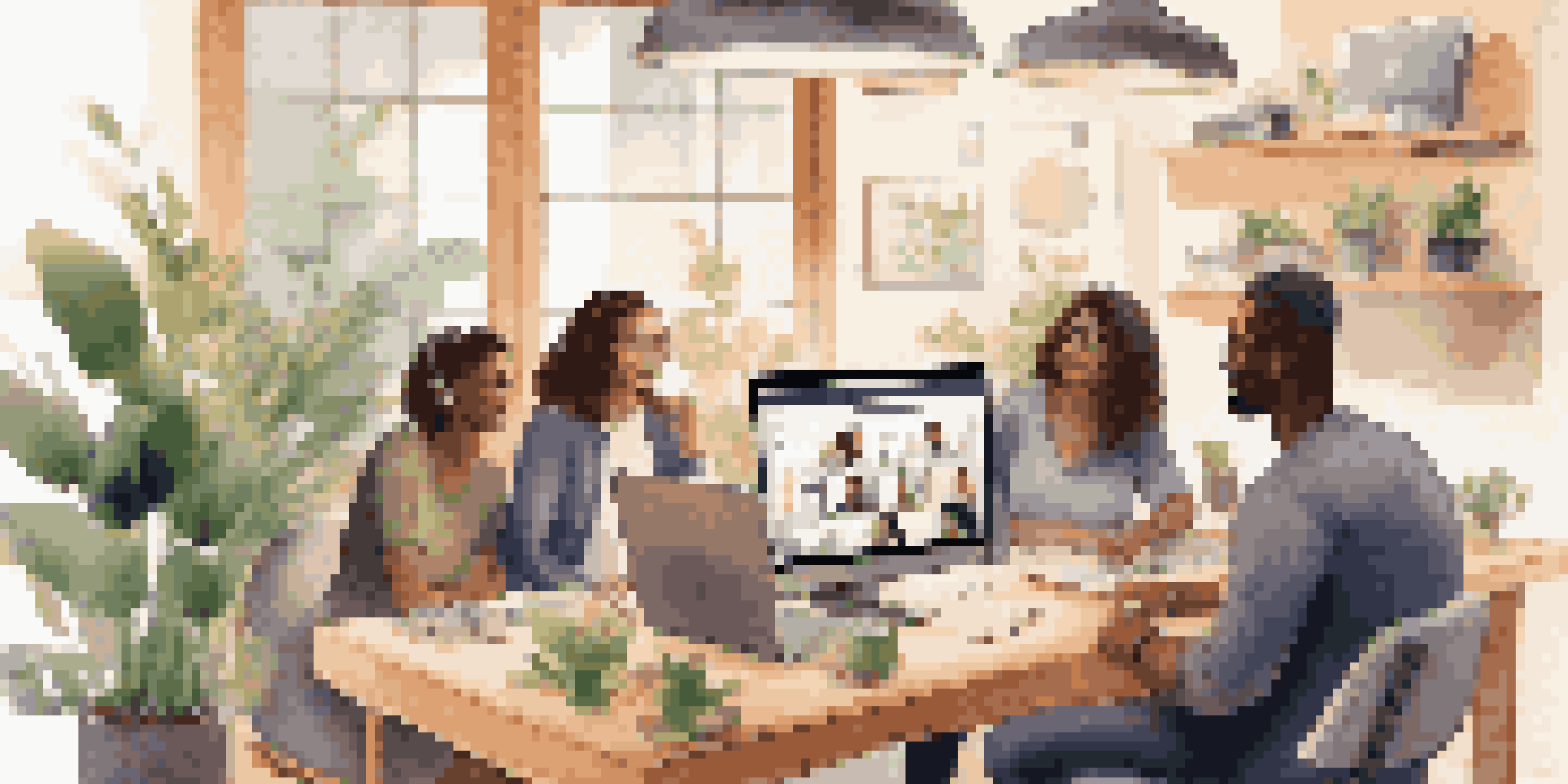 A diverse team of individuals participating in a virtual meeting, surrounded by a cozy home office setting.