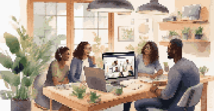A diverse team of individuals participating in a virtual meeting, surrounded by a cozy home office setting.