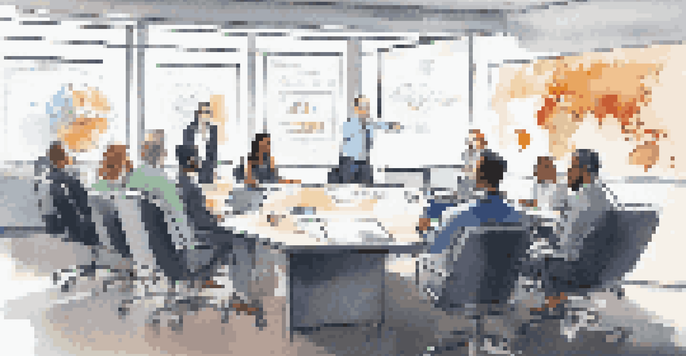 A diverse team in a modern conference room discussing financial data and strategies, with charts displayed on a screen.